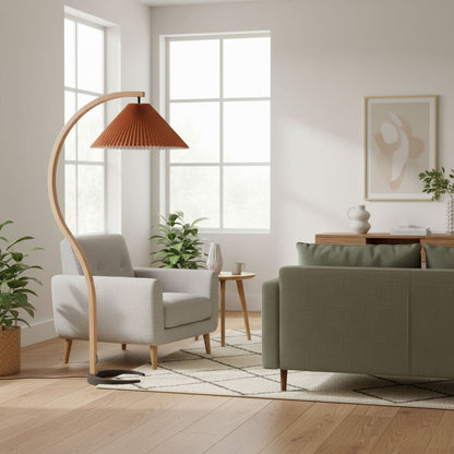 Arbora Arc floor lamp in beech wood with orange pleated shade Moktan Sabai plug-in lamp on Tampa Home & Garden Store