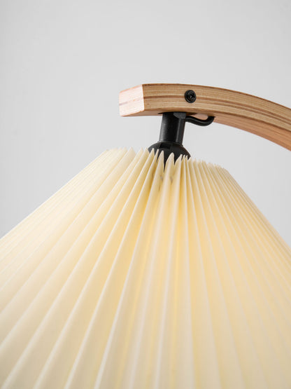 Arbora Arc floor lamp with beech wood arc and cream pleated shade on Tampa Home & Garden Store