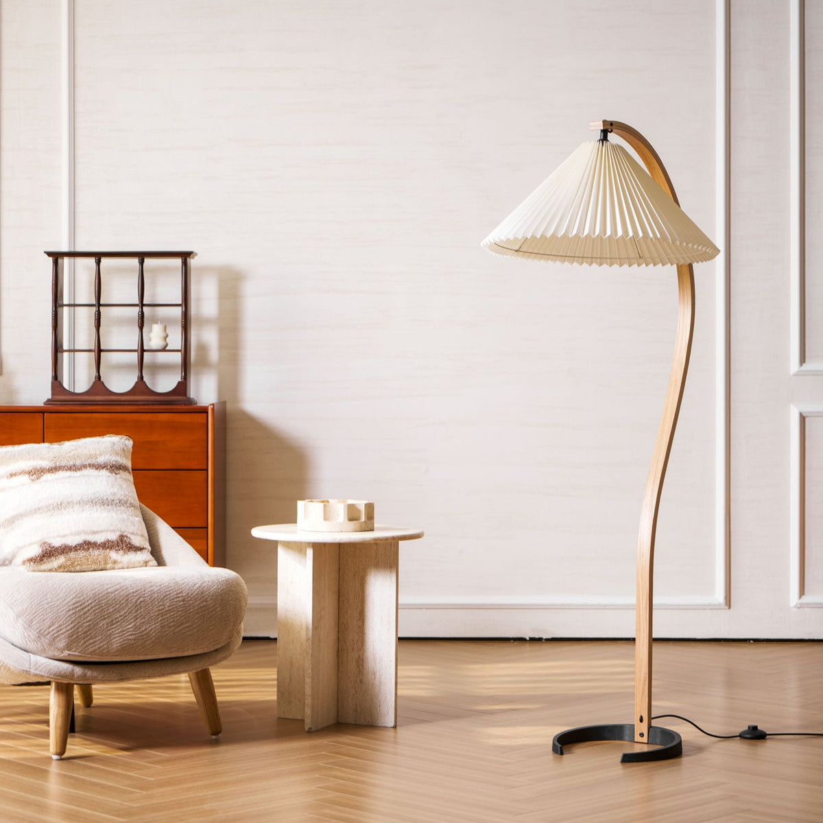 Arbora Arc Floor Lamp Moktan Sabai, beech curved stem with pleated shade, living room plug-in lamp on Tampa Home & Garden Store
