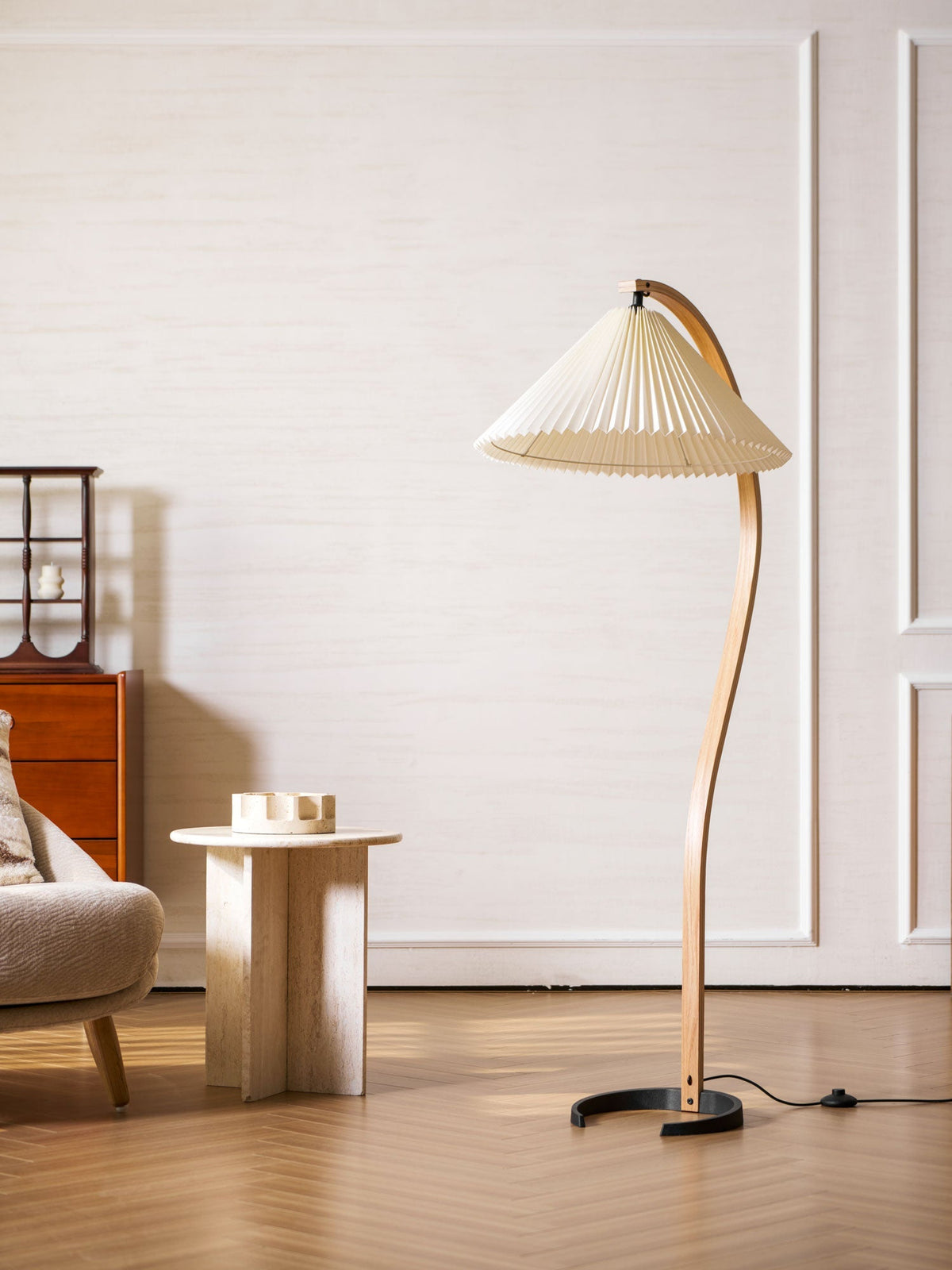 Arbora Arc Floor Lamp in beech wood with cream pleated shade, plug-in living room lamp on Tampa Home & Garden Store