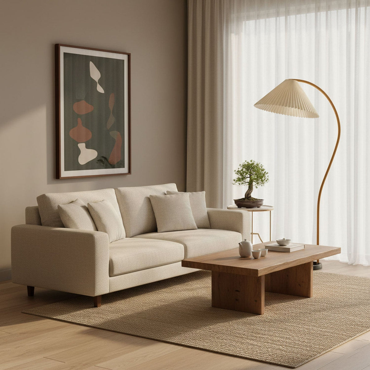 Arbora Arc floor lamp with beech wood arc and pleated shade by Moktan Sabai on Tampa Home & Garden Store