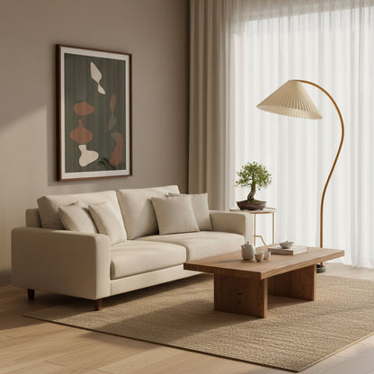 Arbora Arc floor lamp with beech wood arc and pleated shade by Moktan Sabai on Tampa Home & Garden Store