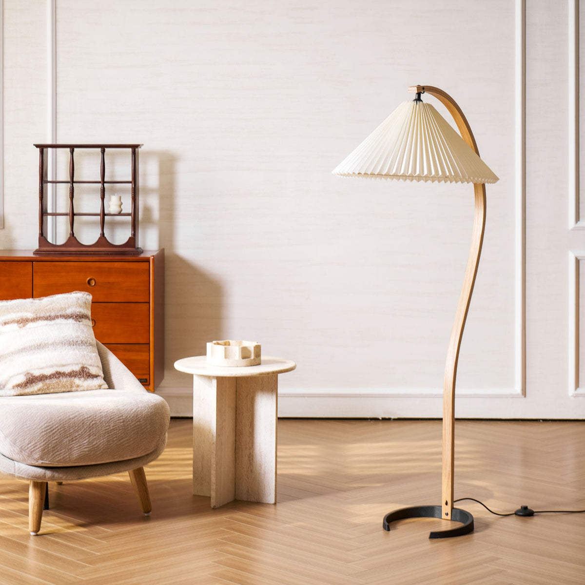 Arbora Arc Floor Lamp beech wood with white pleated shade plug-in living room lamp on Tampa Home & Garden Store