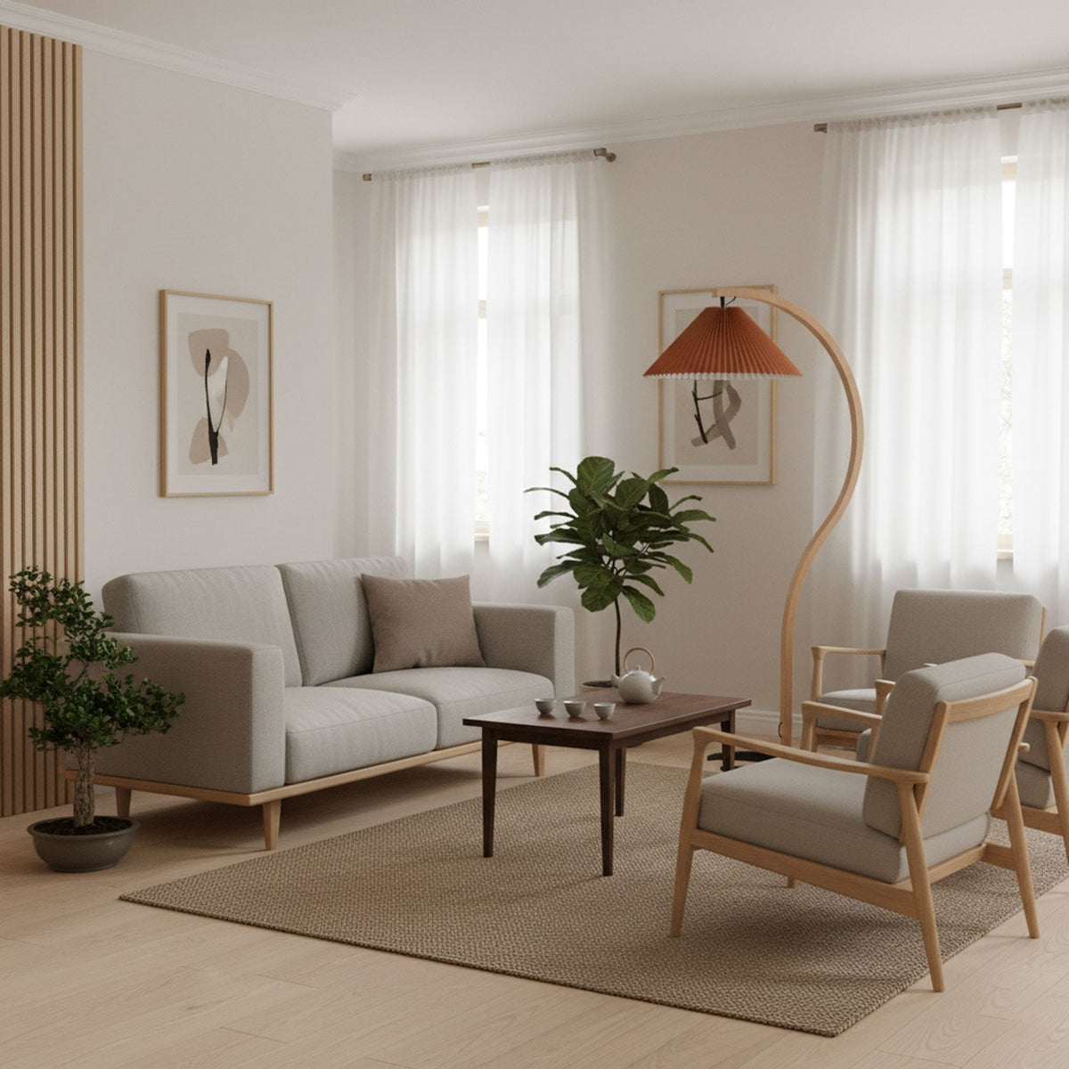 Arbora Arc floor lamp by Moktan Sabai with beech wood arc and orange pleated shade, plug-in on Tampa Home & Garden Store