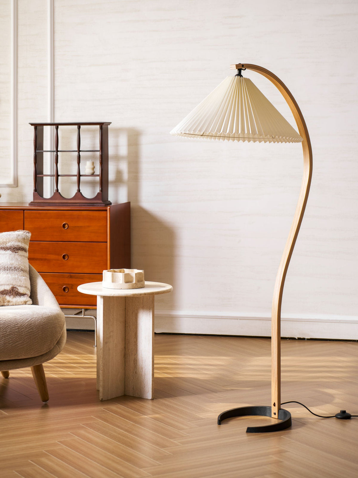 Arbora Arc floor lamp in beech wood with pleated shade by Moktan Sabai on Tampa Home & Garden Store