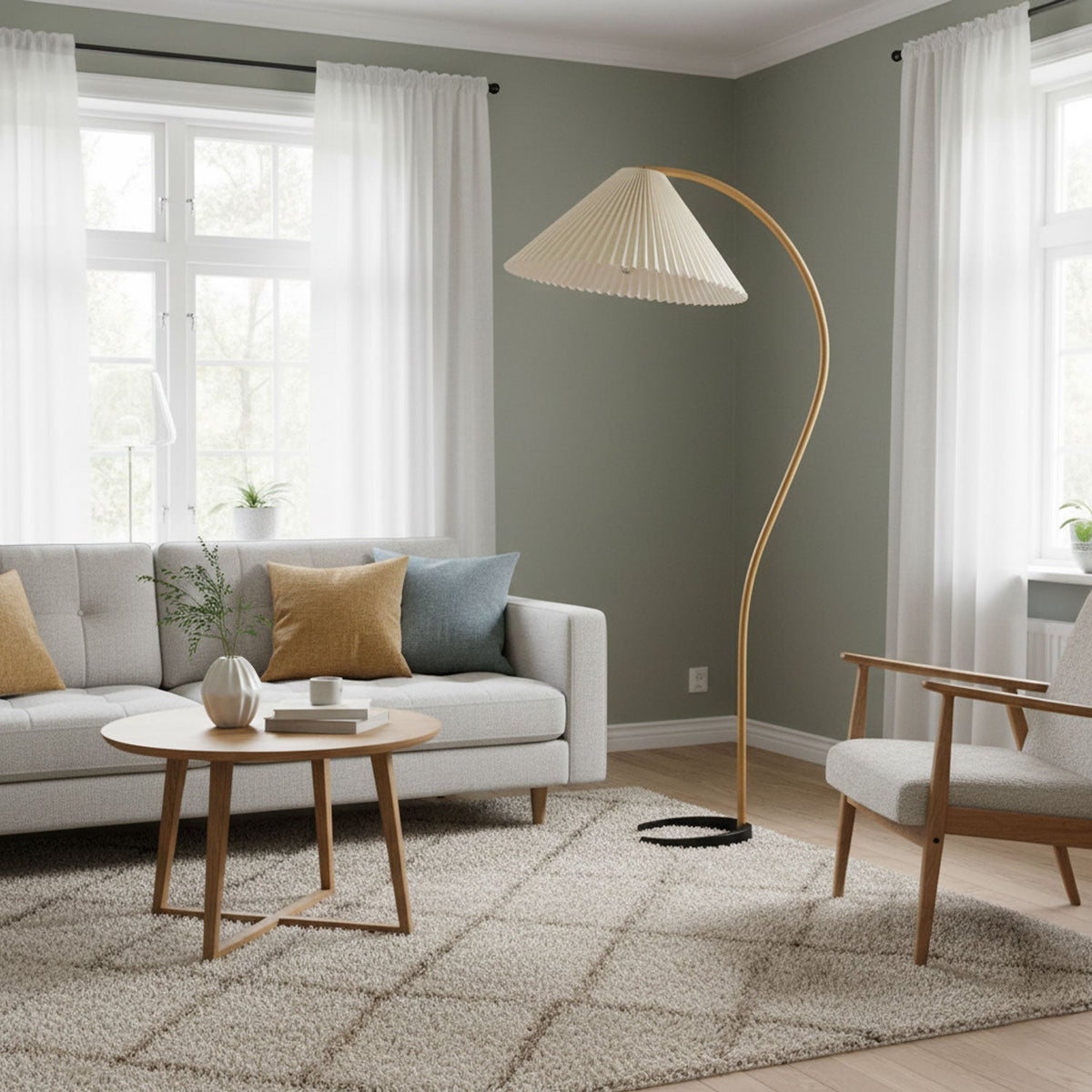 Arbora Arc floor lamp in beech wood with pleated white shade for living room by Moktan Sabai on Tampa Home & Garden Store