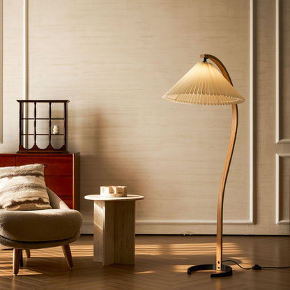 Arbora Arc Floor Lamp in beech wood with pleated shade, Moktan Sabai plug-in living room lamp on Tampa Home & Garden Store
