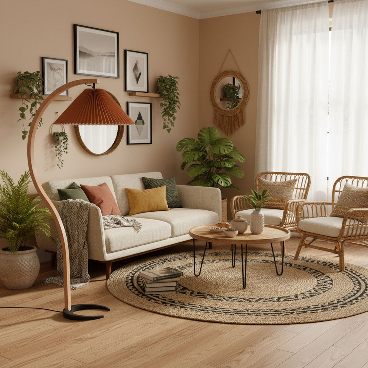 Arbora Arc Floor Lamp in beech wood with orange pleated shade plug-in living room lamp on Tampa Home & Garden Store