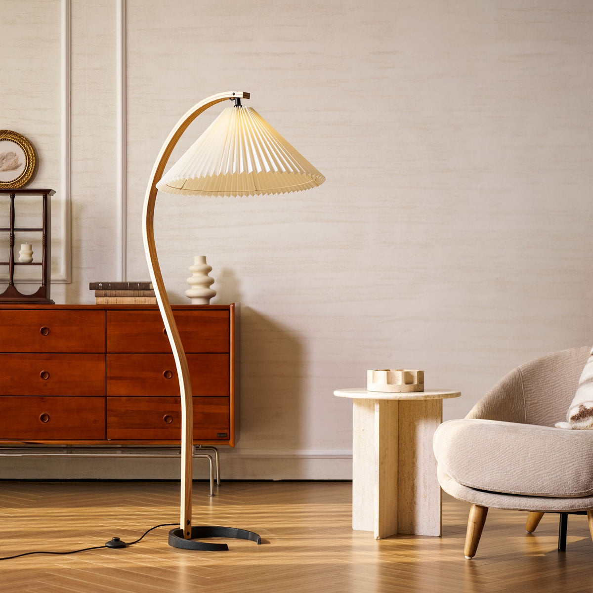 Arbora Arc Floor Lamp with beech wood arch and pleated ivory shade, plug-in lamp on Tampa Home & Garden Store