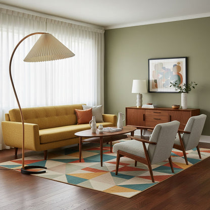 Arbora Arc floor lamp in beech wood with pleated beige shade Moktan Sabai plug-in lamp on Tampa Home & Garden Store