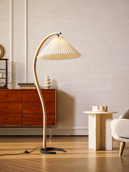 Arbora Arc Floor Lamp by Moktan Sabai with beech wood arc and pleated ivory shade plug-in lamp on Tampa Home & Garden Store