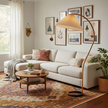 Arbora Arc floor lamp by Moktan Sabai in beech wood with pleated shade, plug-in on Tampa Home & Garden Store