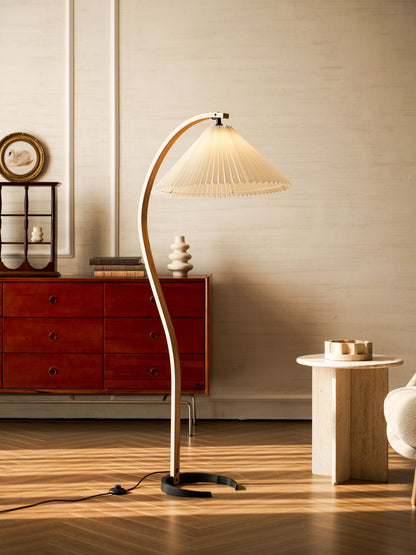 Arbora arc floor lamp in beech wood with a beige pleated shade plug-in Moktan Sabai on Tampa Home & Garden Store