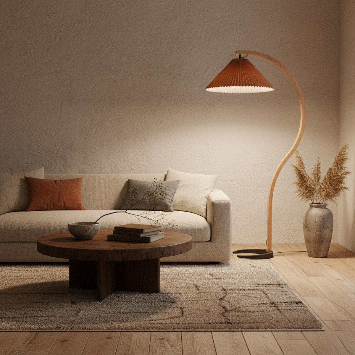 Arbora Arc floor lamp by Moktan Sabai in beech wood with pleated brown shade, plug-in on Tampa Home & Garden Store
