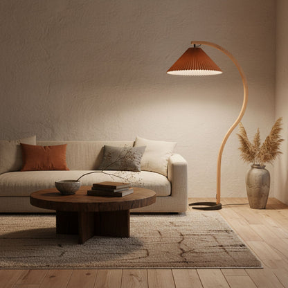 Arbora Arc floor lamp by Moktan Sabai in beech wood with pleated brown shade, plug-in on Tampa Home & Garden Store