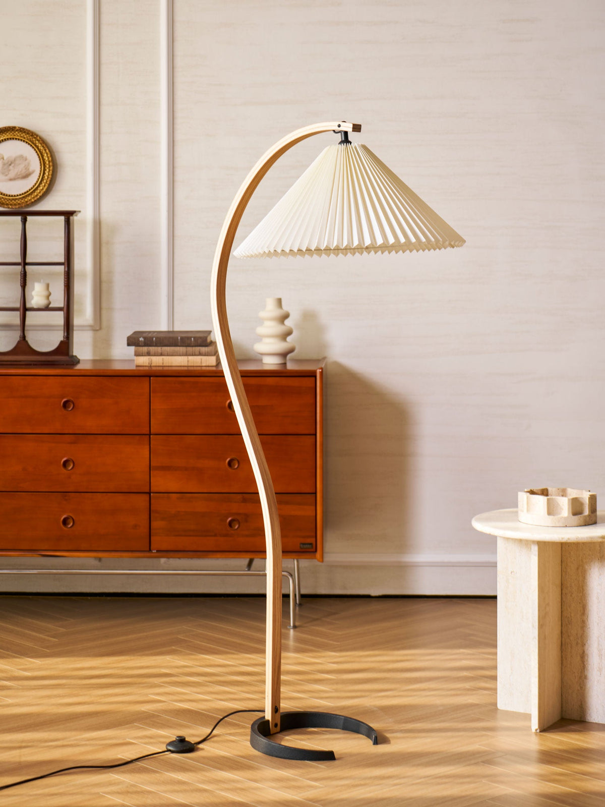 Arbora Arc floor lamp with beech wood arc and pleated cream shade by Moktan Sabai plug-in on Tampa Home & Garden Store