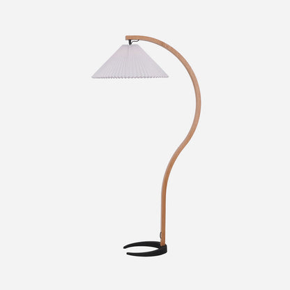Arbora Arc floor lamp in beech wood with a white pleated shade, Moktan Sabai plug-in on Tampa Home & Garden Store