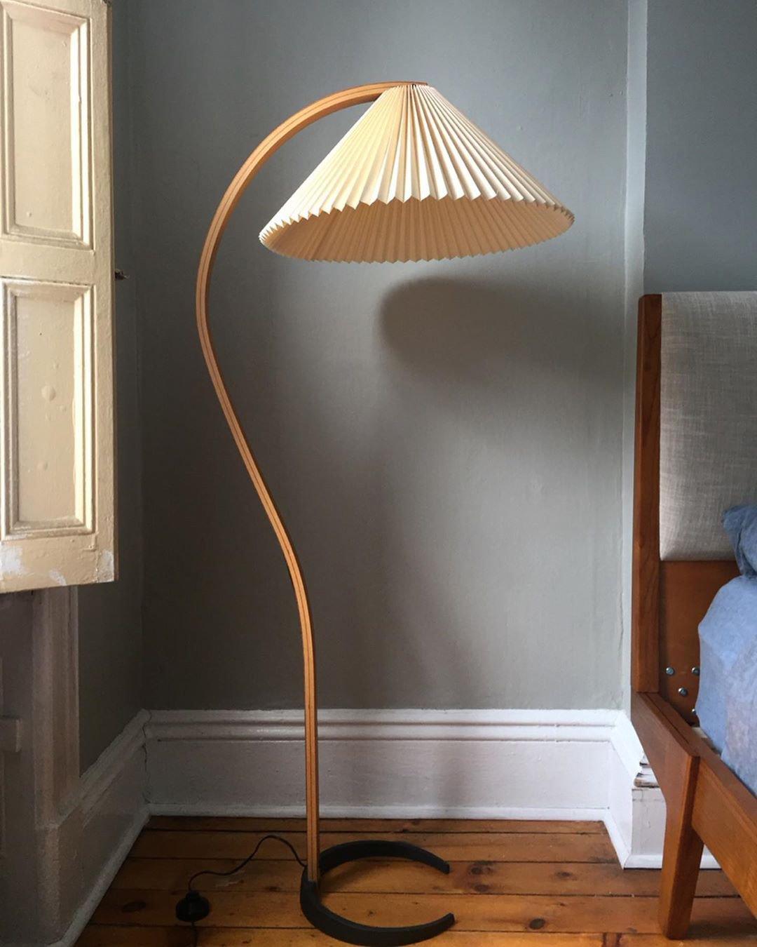 Arbora Arc floor lamp in natural beech wood with pleated white shade by Moktan Sabai on Tampa Home & Garden Store