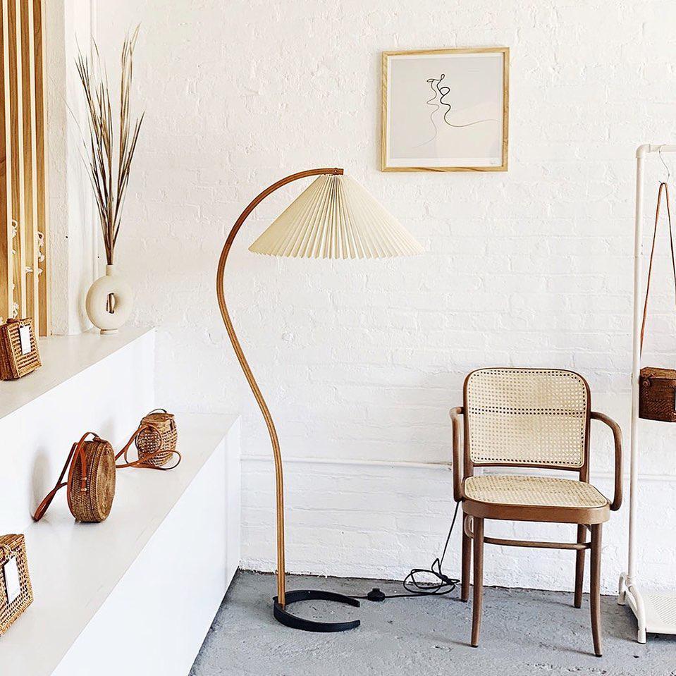 Arbora Arc floor lamp in beech wood with pleated ivory shade Moktan Sabai on Tampa Home & Garden Store