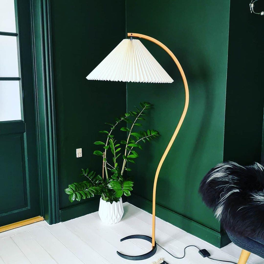 Arbora arc floor lamp with beech wood arm and white pleated shade, plug-in lamp on Tampa Home & Garden Store