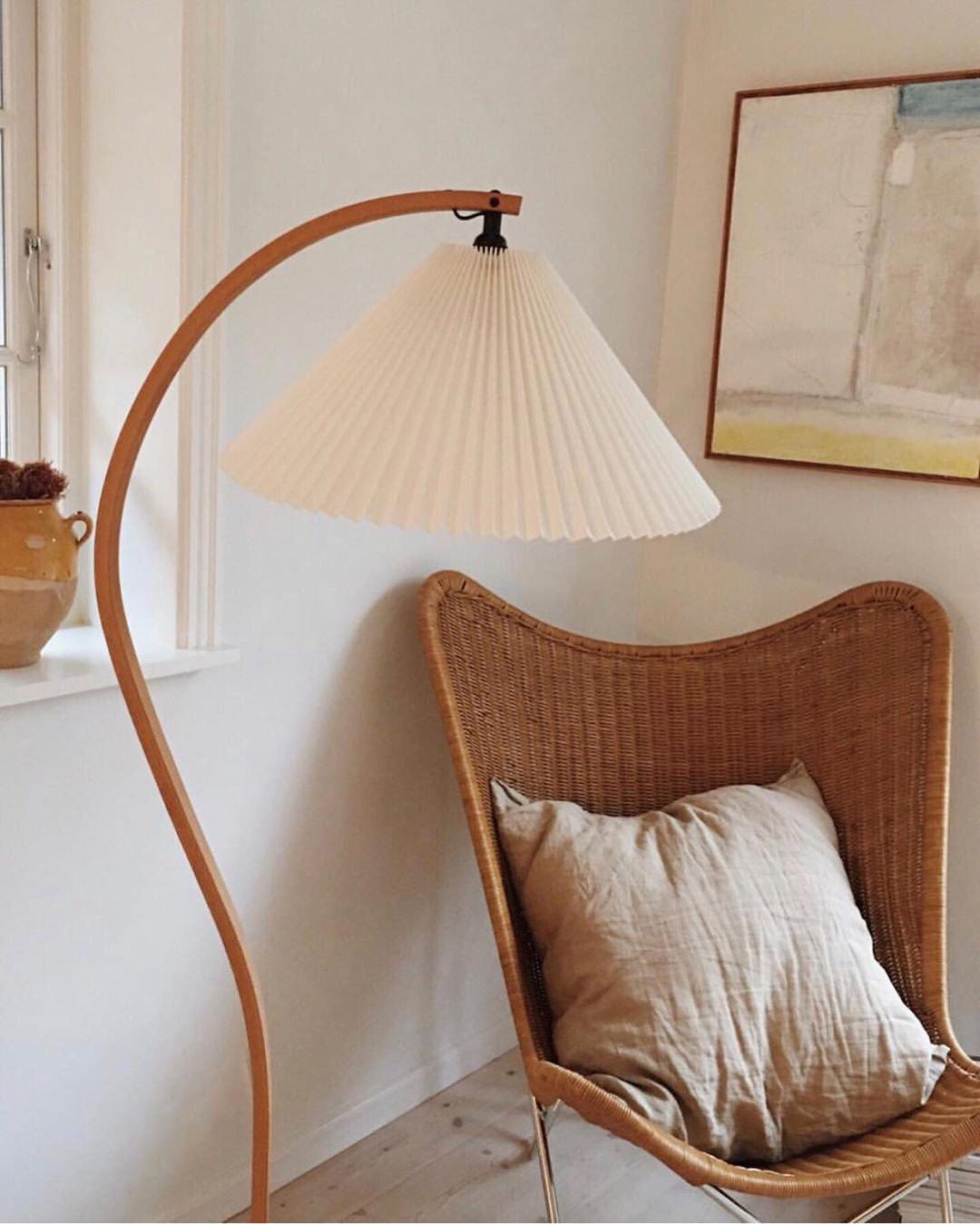 Arbora Arc Floor Lamp in beech wood with cream pleated shade, Moktan Sabai plug-in lamp on Tampa Home & Garden Store
