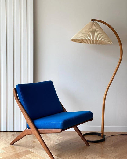 Arbora Arc floor lamp in beech wood with a beige pleated shade by Moktan Sabai on Tampa Home & Garden Store