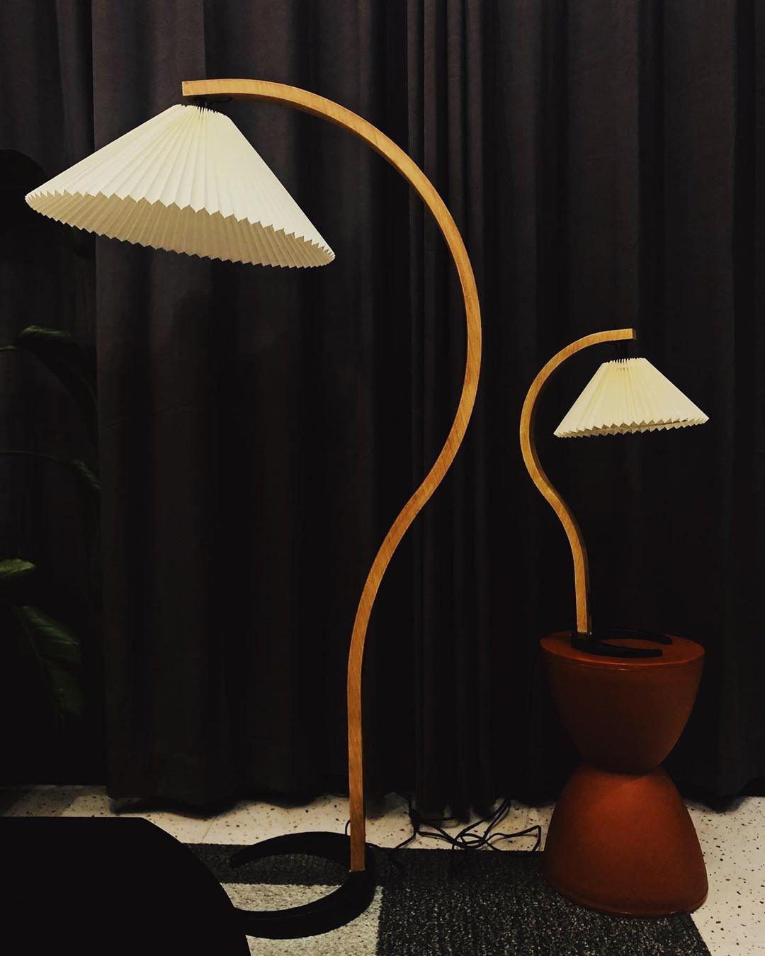 Arbora Arc Floor Lamp by Moktan Sabai, beech wood curved stem with pleated shade, lamp pair on Tampa Home & Garden Store