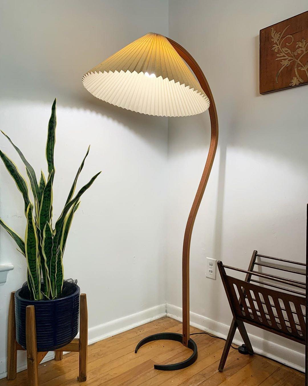 Arbora Arc floor lamp with beech wood arch and pleated shade, plug-in living room lighting on Tampa Home & Garden Store