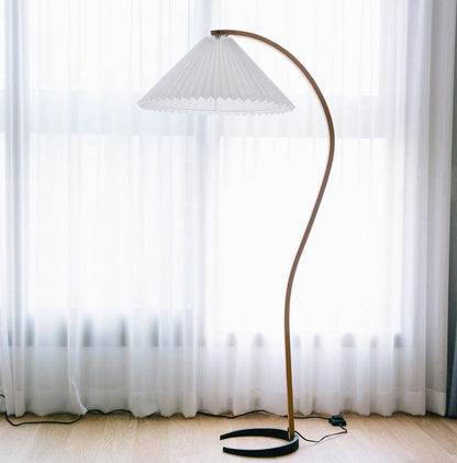 Arbora Arc floor lamp with beech wood stem and white pleated shade, plug-in lighting on Tampa Home & Garden Store