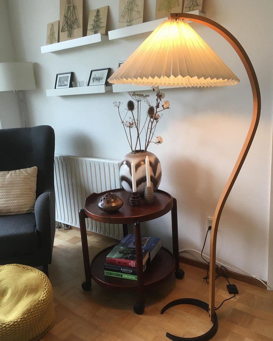 Arbora Arc Floor Lamp with beech wood arc and pleated shade, Moktan Sabai plug-in lamp on Tampa Home & Garden Store