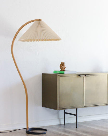 Arbora Arc Floor Lamp with beech wood and pleated shade Moktan Sabai plug-in lamp on Tampa Home & Garden Store