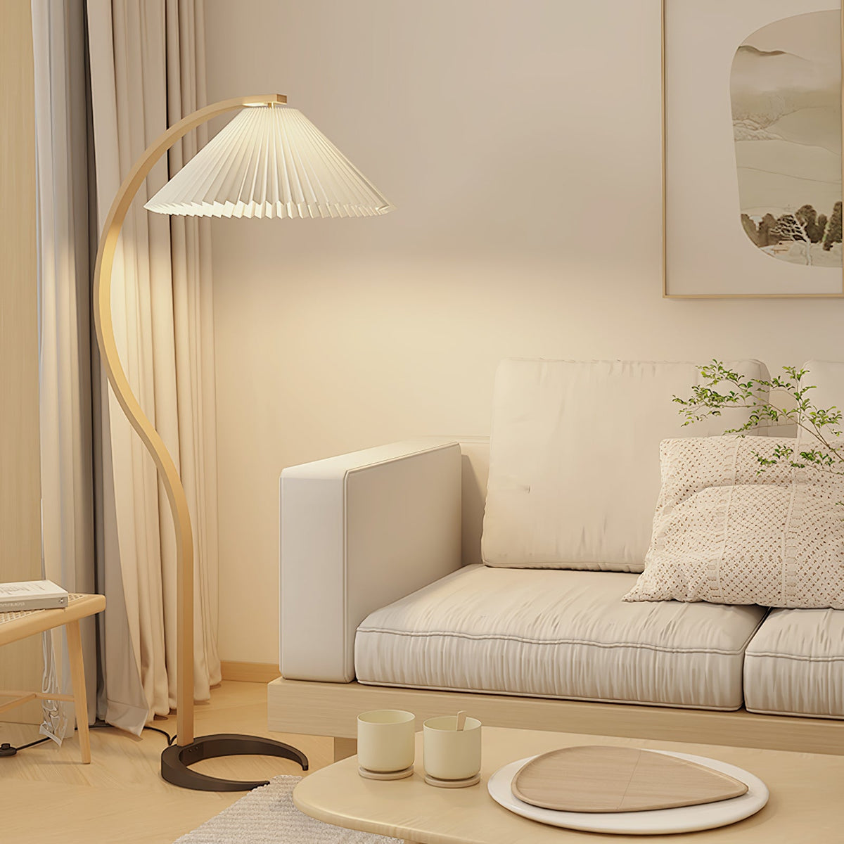 Arbora Arc Floor Lamp in beech wood with pleated shade, plug-in living room light by Moktan Sabai on Tampa Home & Garden Store