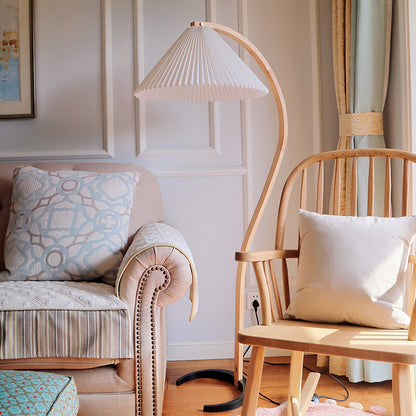 Arbora Arc floor lamp in beech wood with pleated white shade Moktan Sabai plug-in lamp on Tampa Home & Garden Store