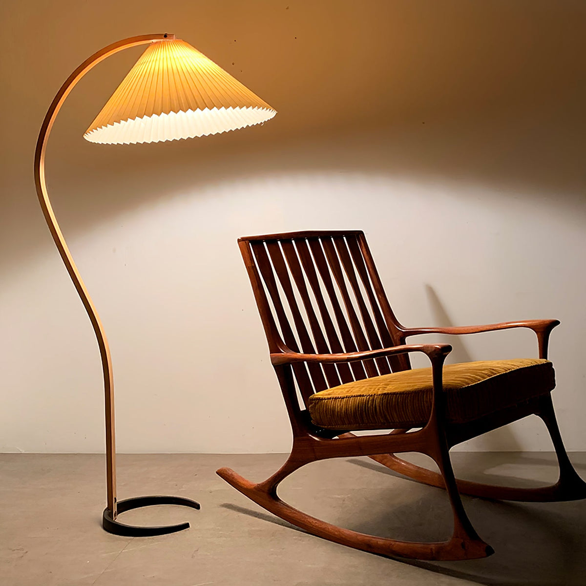 Arbora Arc floor lamp in beech wood with a pleated beige shade, plug-in living room light on Tampa Home & Garden Store