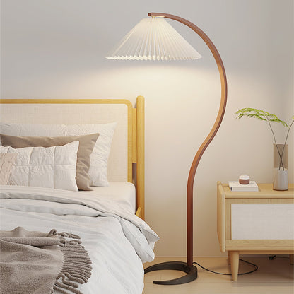 Arbora Arc Floor Lamp by Moktan Sabai in beech wood with pleated shade, plug-in lamp on Tampa Home & Garden Store