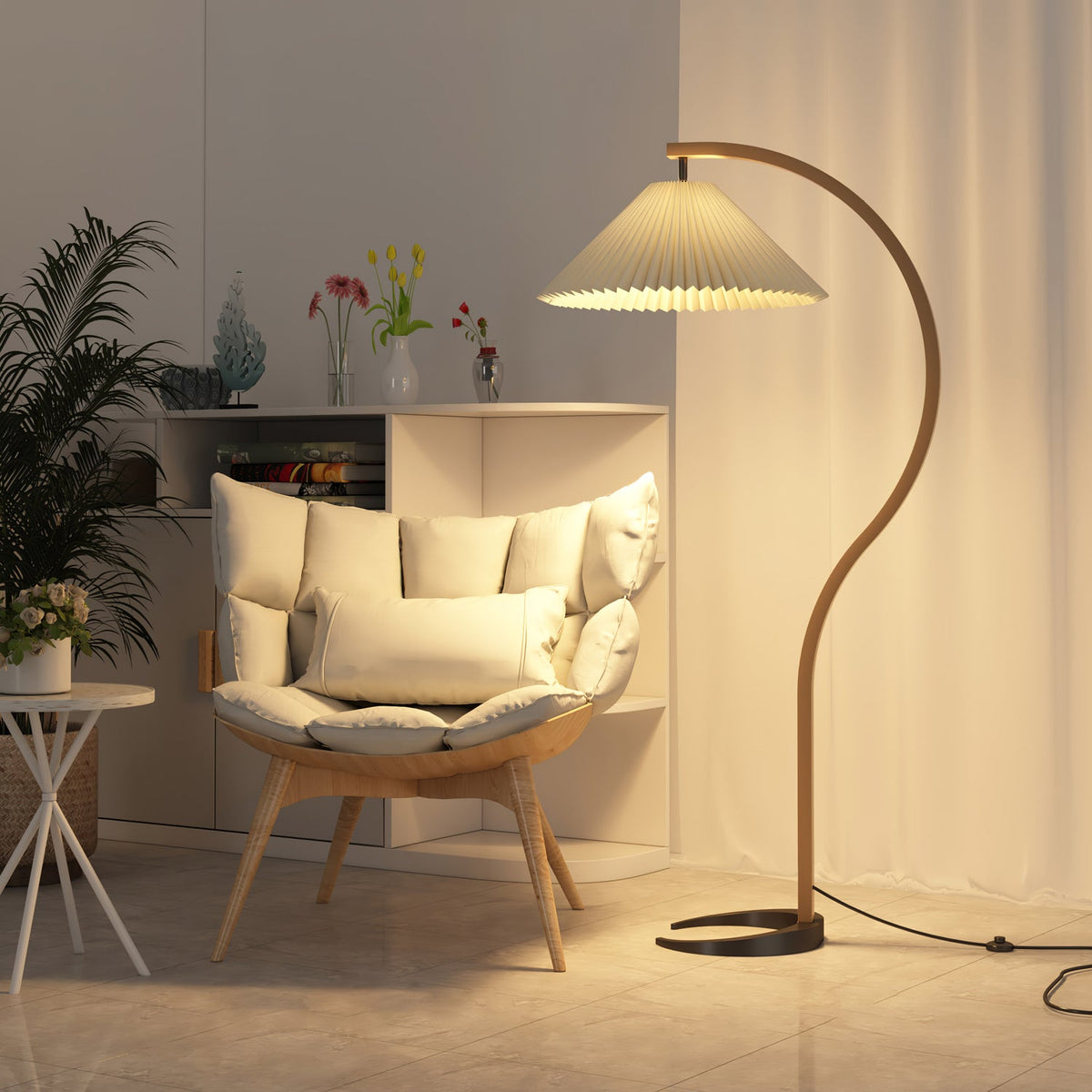 Arbora Arc floor lamp in beech wood with a pleated cream shade plug-in for living room on Tampa Home & Garden Store