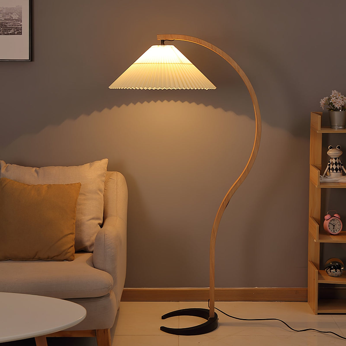 Arbora Arc floor lamp with beech wood arc and pleated shade, plug-in living room light on Tampa Home & Garden Store