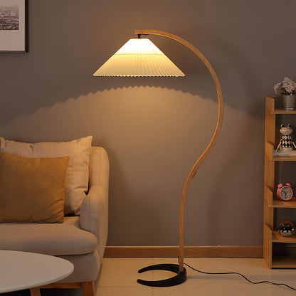 Arbora Arc floor lamp with beech wood arc and pleated shade, plug-in living room light on Tampa Home & Garden Store