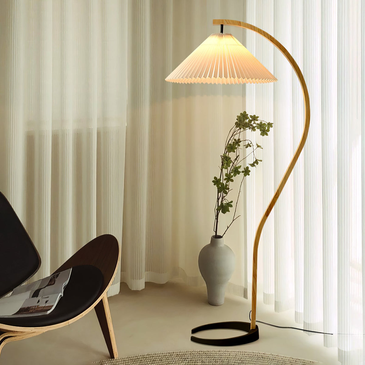 Arbora Arc floor lamp in beech wood with pleated shade, plug-in Moktan Sabai on Tampa Home & Garden Store