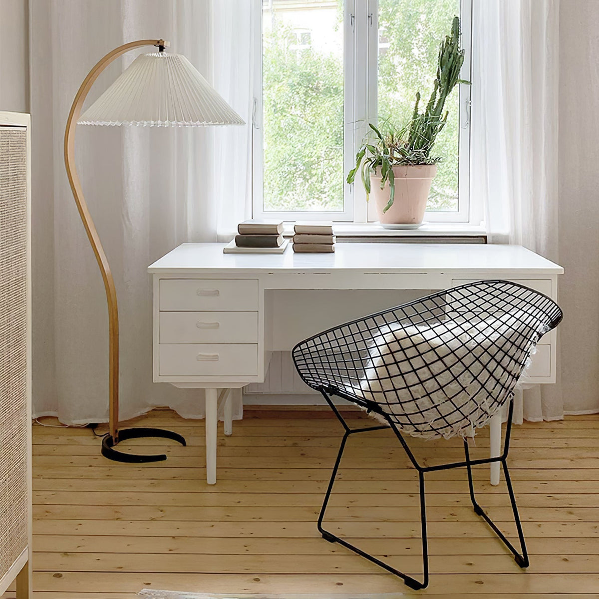 Arbora Arc Floor Lamp, beech wood arc with pleated shade, plug-in lamp for living room on Tampa Home & Garden Store