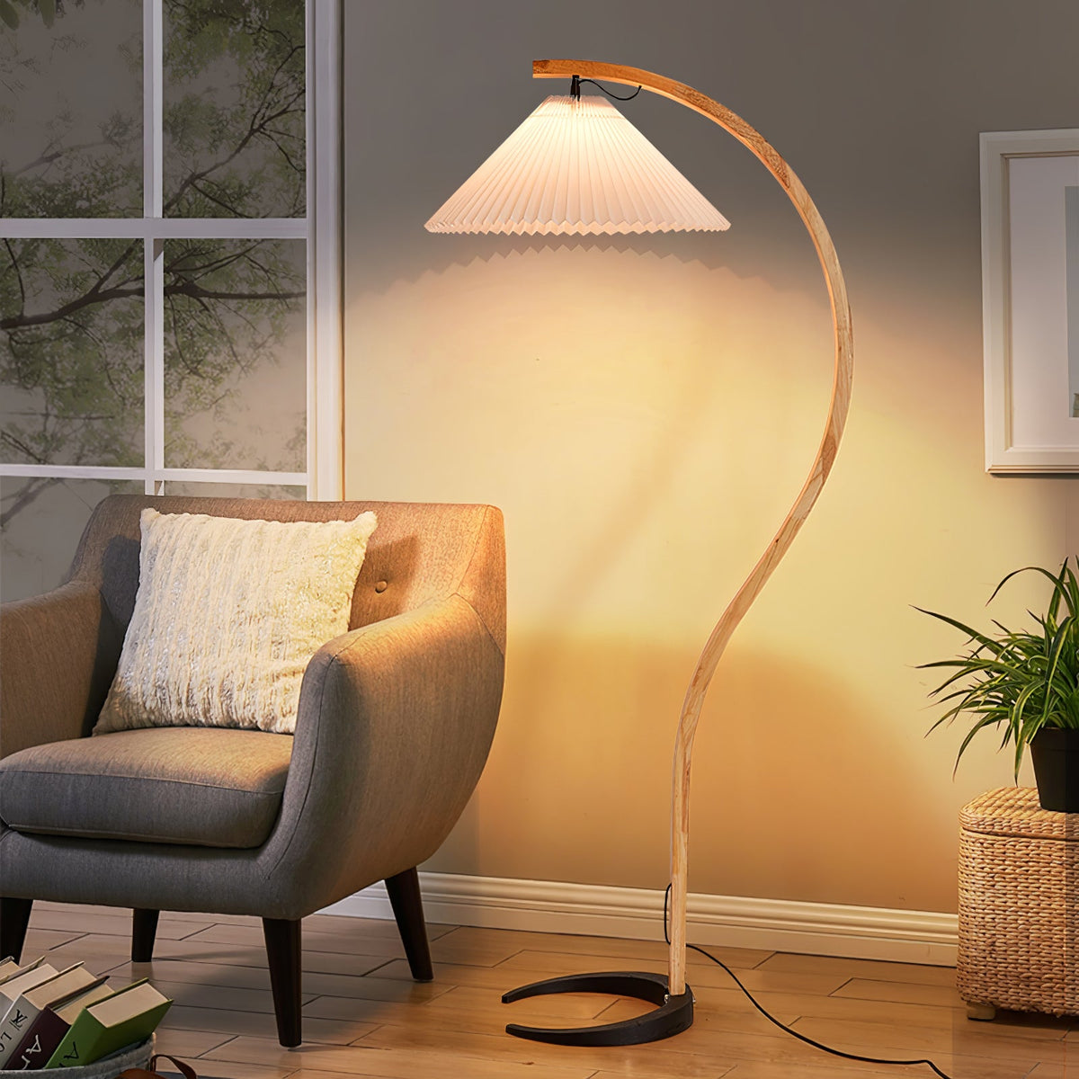 Arbora Arc floor lamp in beech wood with pleated white shade plug-in living room lamp on Tampa Home & Garden Store