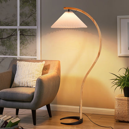 Arbora Arc floor lamp in beech wood with pleated white shade plug-in living room lamp on Tampa Home & Garden Store