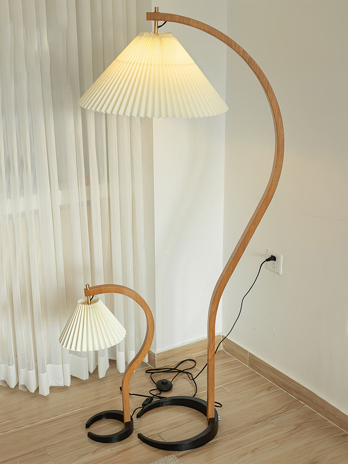 Arbora Arc floor lamp pair in beech wood with pleated cream shades Moktan Sabai on Tampa Home & Garden Store