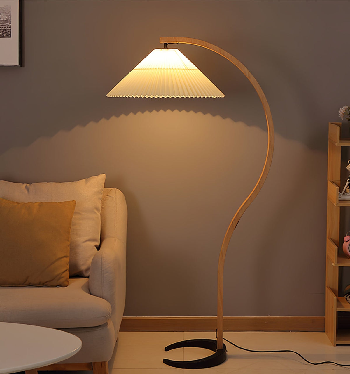 Arbora Arc floor lamp in beech wood with pleated shade, plug-in lamp by Moktan Sabai on Tampa Home & Garden Store