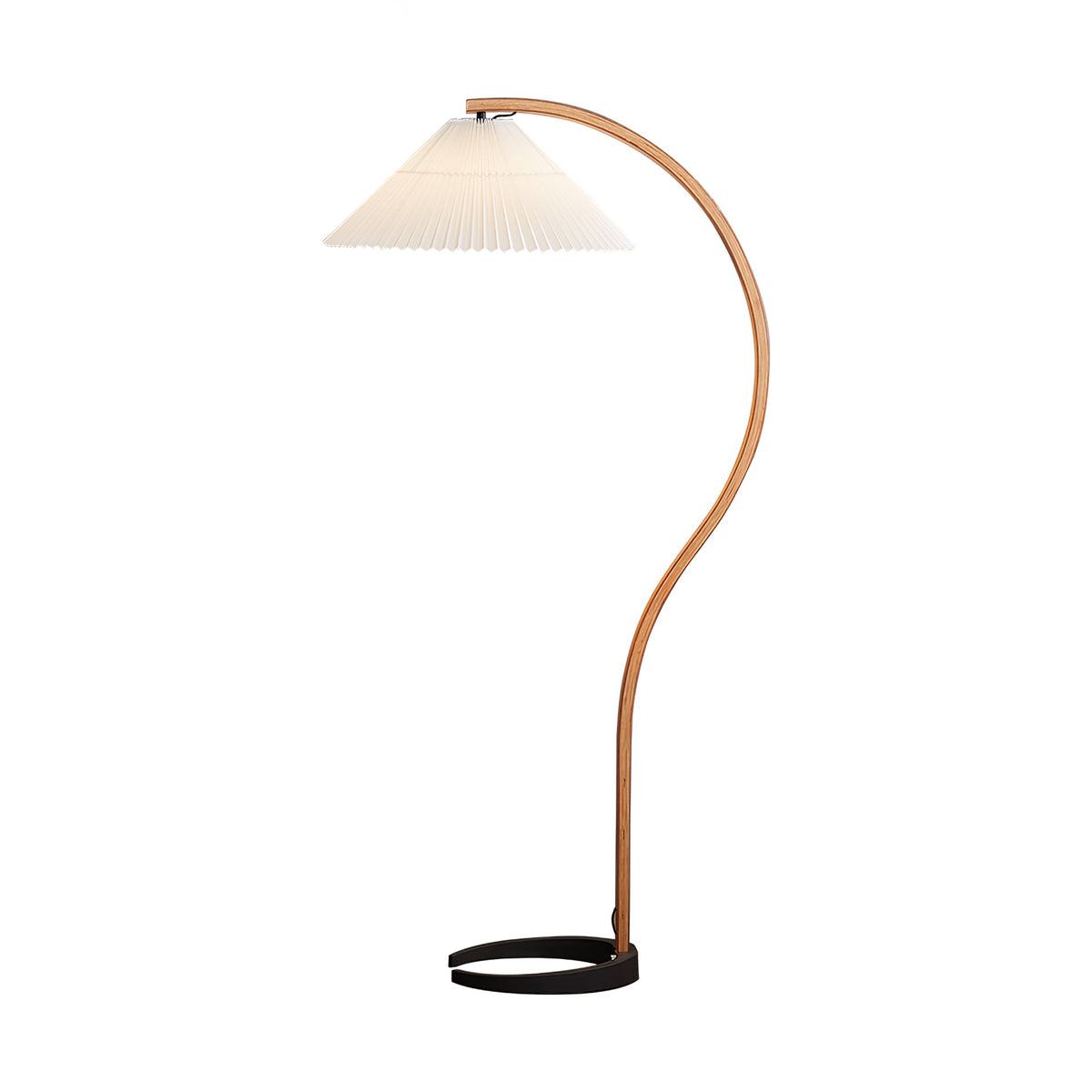 Arbora Arc floor lamp with beech wood curved arm and cream shade Moktan Sabai plug-in lamp on Tampa Home & Garden Store