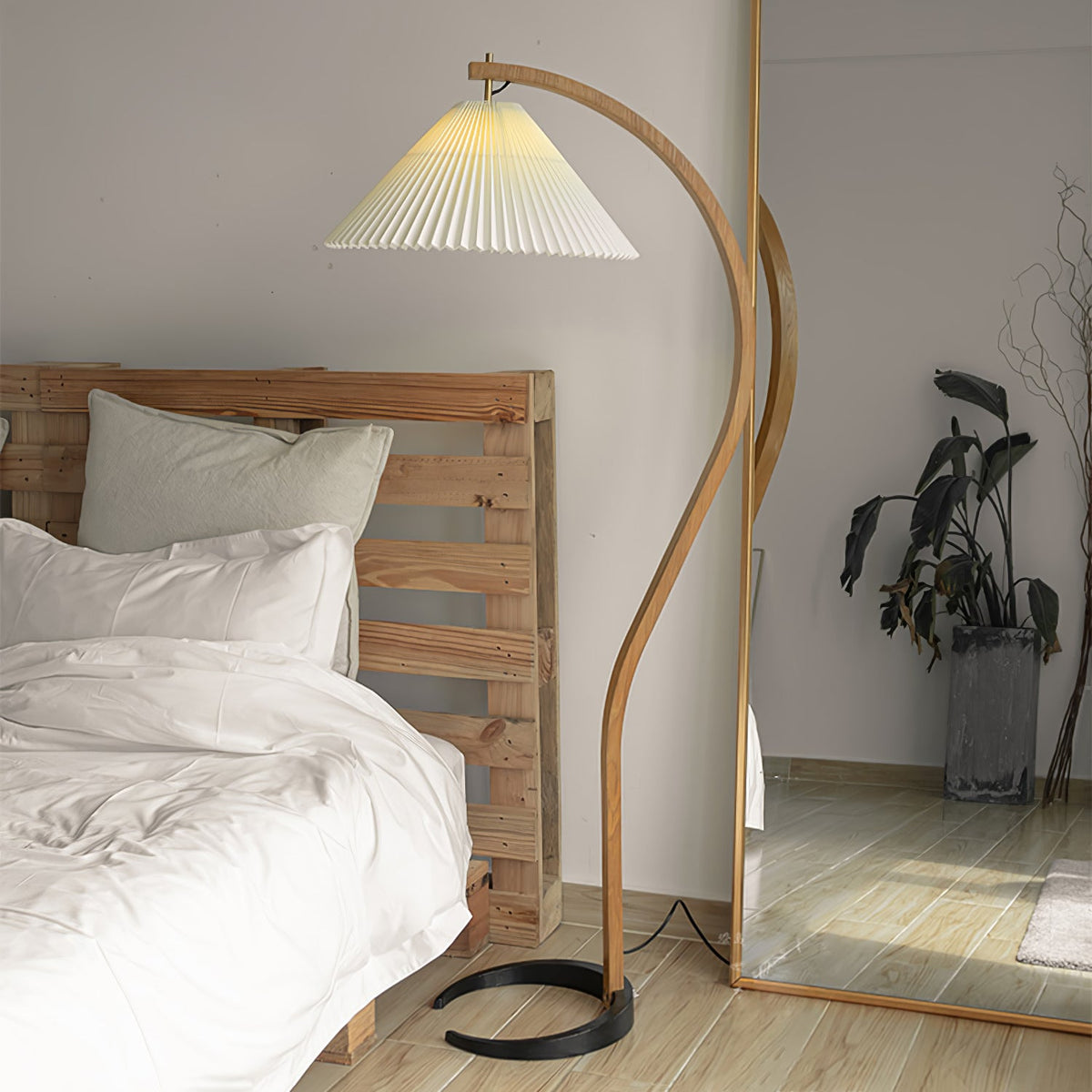Arbora Arc Floor Lamp in beech wood with pleated white shade plug-in living room lamp on Tampa Home & Garden Store