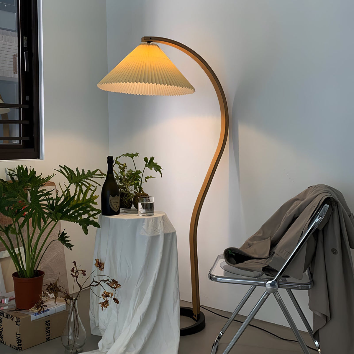 Arbora Arc floor lamp with beech wood arc and pleated shade Moktan Sabai plug-in lamp on Tampa Home & Garden Store