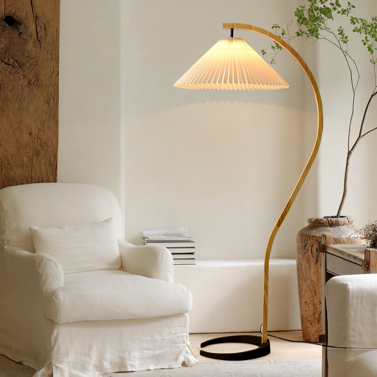 Arbora Arc floor lamp by Moktan Sabai with beech wood arc and pleated shade for living room on Tampa Home & Garden Store
