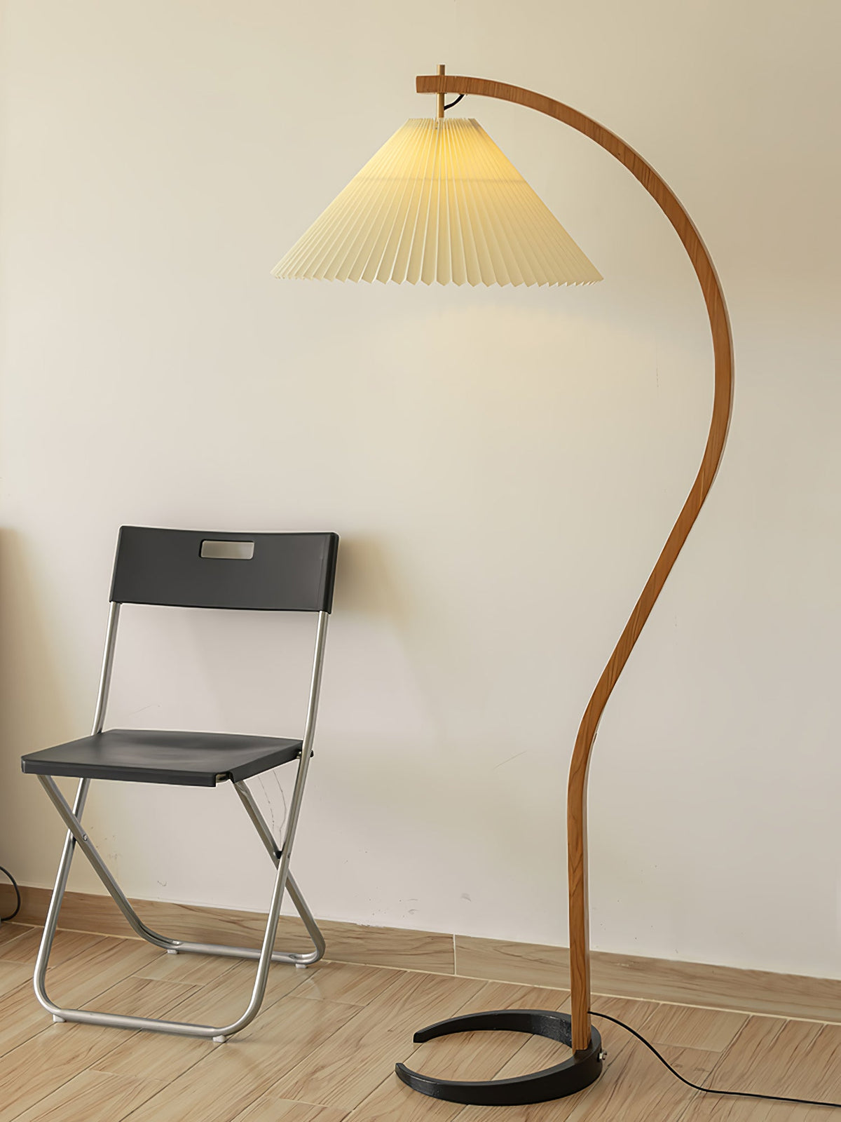 Arbora Arc floor lamp with beech wood arc and pleated cream shade, plug-in on Tampa Home & Garden Store