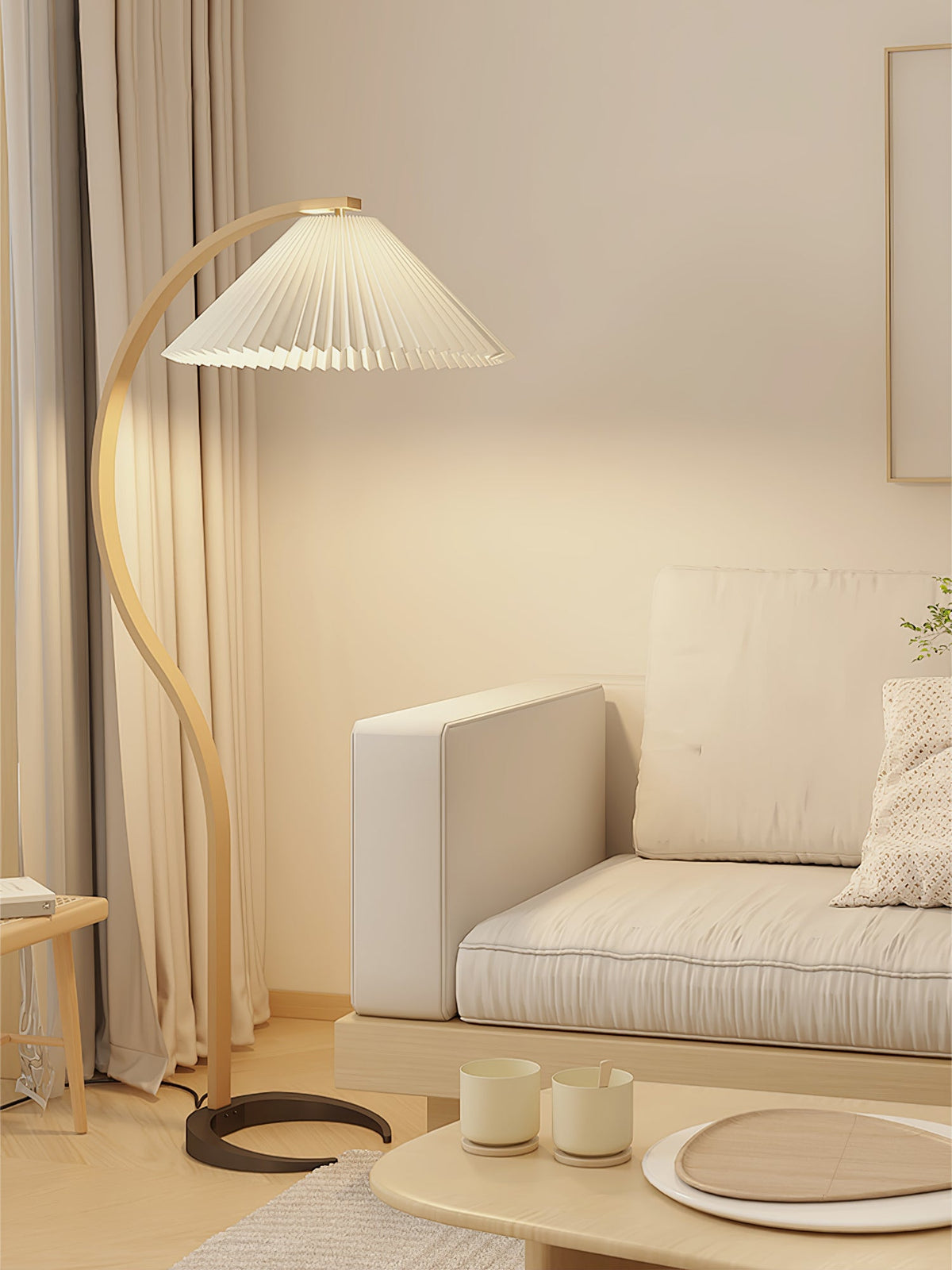 Arbora Arc Floor Lamp natural beech wood with white pleated shade plug-in Moktan Sabai on Tampa Home & Garden Store